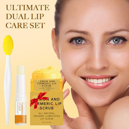 3-Piece Turmeric Lemon Lip Scrub & Balm Set with Brush