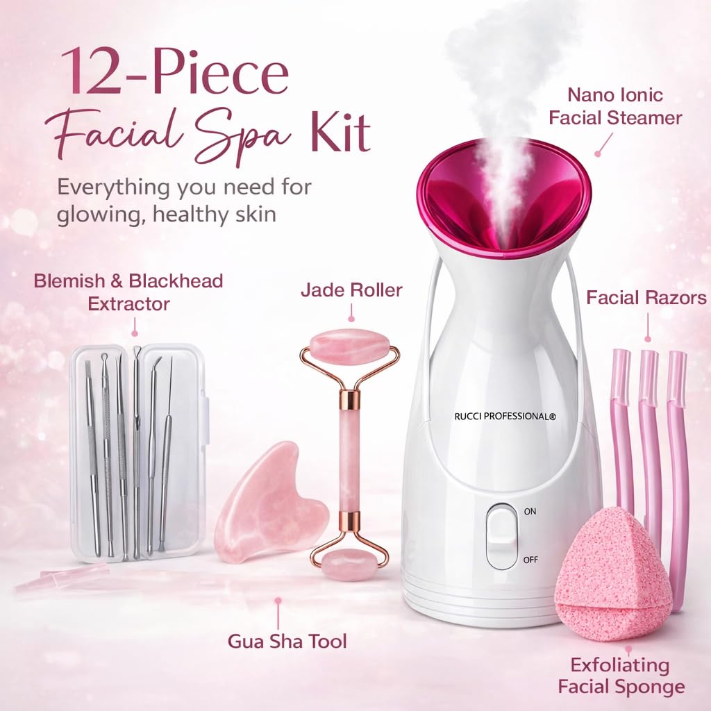 Rucci Nano Ionic Facial Steamer Spa Kit with 12-Piece Skincare Set