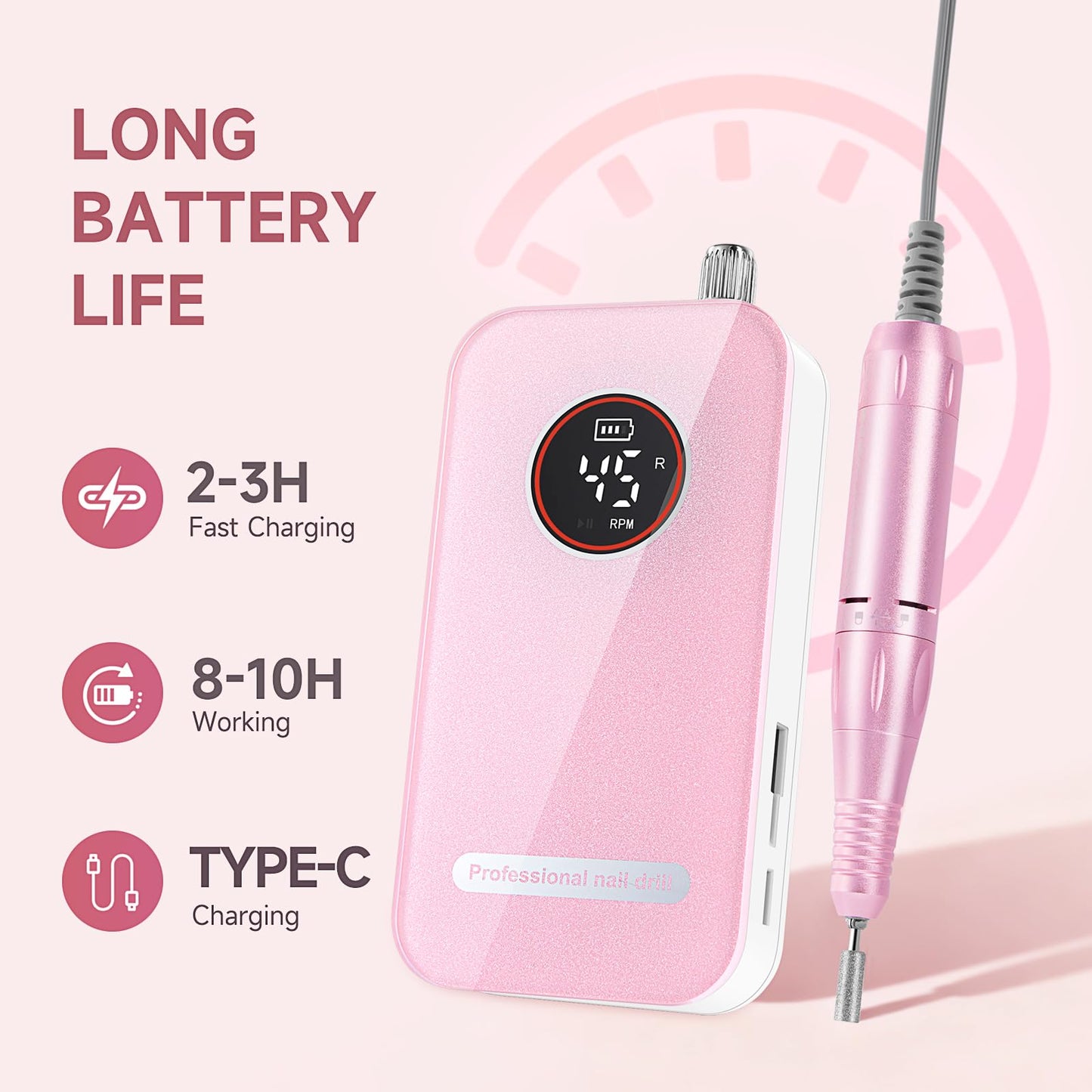 45000RPM Rechargeable Electric Nail Drill Kit with 11 Bits & 50 Sanding Bands