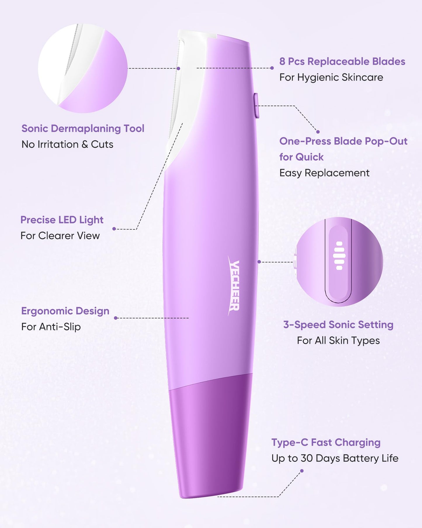Yecheer Sonic Dermaplane Razor with 8 Refill Blades